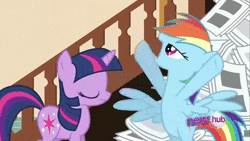 Size: 1920x1080 | Tagged: safe, edit, edited screencap, screencap, rainbow dash, tank, twilight sparkle, pony, g4, ponyville confidential, tanks for the memories, alternate scene, animated, clothes, crying, discovery family logo, hub logo, robe, slippers, sound, tank slippers, volumetric mouth, webm