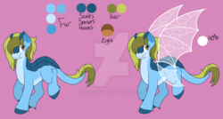 Size: 1024x549 | Tagged: safe, artist:sketchthebluepegasus, oc, oc only, oc:mossy stone, original species, pony, skimmer, female, reference sheet, solo, watermark