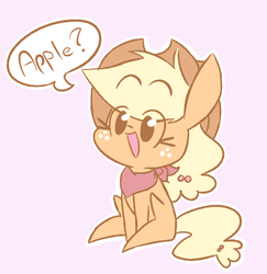 Size: 837x862 | Tagged: safe, artist:typhwosion, applejack, earth pony, pony, g4, apple, bunny sitting, clothes, cute, dialogue, female, happlejack, happy, jackabetes, mare, open mouth, pink background, scarf, simple background, sitting, smiling, solo, that pony sure does love apples, weapons-grade cute