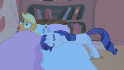 Size: 1280x720 | Tagged: safe, screencap, applejack, rarity, pony, g4, look before you sleep, my little pony: friendship is magic, golden oaks library