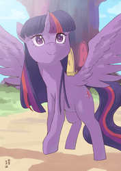 Size: 1000x1414 | Tagged: safe, artist:yanamosuda, twilight sparkle, alicorn, pony, g4, cute, female, mare, outdoors, solo, spread wings, twiabetes, twilight sparkle (alicorn), twilight's castle, wings