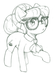 Size: 960x1280 | Tagged: dead source, safe, artist:30clock, writing desk, earth pony, pony, g4, female, glasses, looking at you, mare, monochrome, raised hoof, simple background, sketch, solo, white background