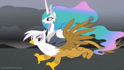 Size: 1366x768 | Tagged: safe, artist:jacob kitts, gilda, princess celestia, alicorn, griffon, pony, g4, beard, by celestia's beard, celestia riding gilda, crossover, facial hair, flying, gandalf, gandalf the white, great eagle, great eagle of manwe, lord of the rings, majestic, parody, ponies riding griffons, re-enacted by ponies, riding, upset