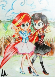 Size: 2121x2950 | Tagged: safe, artist:liaaqila, sunset shimmer, equestria girls, g4, clothes, cloud, crossover, duo, high heels, high res, magic, open mouth, ruby rose, rwby, shoes, smiling, traditional art, tree, walking
