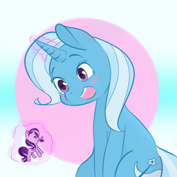 Size: 512x512 | Tagged: safe, artist:grim ponka, starlight glimmer, trixie, pony, unicorn, g4, blushing, colored, cute, diatrixes, female, levitation, magic, mare, open mouth, sitting, smiling, solo, telekinesis