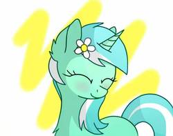 Size: 650x512 | Tagged: safe, artist:skypony14, lyra heartstrings, pony, unicorn, g4, abstract background, blushing, chest fluff, ear fluff, eyes closed, female, flower, flower in hair, mare, smiling, solo