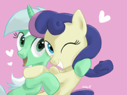 Size: 2732x2048 | Tagged: safe, artist:soshyqqq, bon bon, lyra heartstrings, sweetie drops, earth pony, pony, unicorn, g4, best friends, female, heart, high res, hug, lesbian, looking at you, one eye closed, pink background, ship:lyrabon, shipping, simple background, smiling, tongue out, wink, wrong eye color