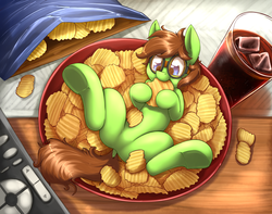 Size: 2879x2271 | Tagged: safe, artist:otakuap, oc, oc only, pony, chips, commission, cute, eating, featureless crotch, food, glasses, high res, male, micro, nom, soda, solo, stallion, tiny ponies, ych result