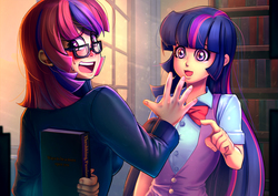 Size: 1400x990 | Tagged: safe, artist:bakki, moondancer, twilight sparkle, human, fanfic:i am not undressing you with my mind, g4, blue hair, blushing, book, bookshelf, bowtie, clothes, commission, duo, duo female, evening, eyelashes, fanfic, fanfic art, female, glasses, humanized, indoors, lesbian, library, light skin, long hair, looking back, multicolored hair, open mouth, pink hair, pointing, purple hair, red hair, ship:twidancer, shipping, short hair, smiling, sweat, window