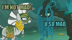 Size: 800x450 | Tagged: safe, edit, edited screencap, screencap, queen chrysalis, zecora, changeling, changeling queen, pony, zebra, g4, the cutie re-mark, alternate timeline, chrysalis resistance timeline, discovery family logo, everfree forest, female, forest, meme, resistance leader zecora, u mad