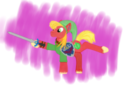 Size: 2200x1500 | Tagged: safe, artist:the-fox-experiment, big macintosh, earth pony, pony, g4, clothes, cosplay, costume, cutie mark, ear piercing, earring, hat, jewelry, male, nintendo, piercing, raised leg, shield, simple background, smiling, solo, sword, the legend of zelda, weapon