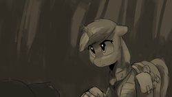 Size: 2439x1372 | Tagged: safe, artist:anticular, oc, oc only, oc:littlepip, pony, unicorn, fallout equestria, fallout equestria illustrated, clothes, female, jumpsuit, mare, monochrome, raised hoof, saddle bag, vault suit