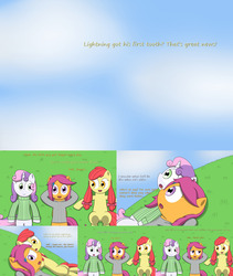 Size: 3840x4554 | Tagged: safe, artist:pvryohei, apple bloom, scootaloo, sweetie belle, earth pony, pony, comic:ask motherly scootaloo, g4, clothes, comic, grass field, hairpin, motherly scootaloo, sweatshirt