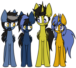 Size: 2053x1825 | Tagged: safe, artist:nekro-led, oc, oc only, oc:cobalt, oc:golden glow, oc:pierce, oc:shimmer, alicorn, pegasus, pony, unicorn, :t, beard, colored wings, colored wingtips, facial hair, family, female, goatee, grin, male, mare, raised eyebrow, scar, simple background, smiling, smirk, squee, stallion, white background, winged unicorn