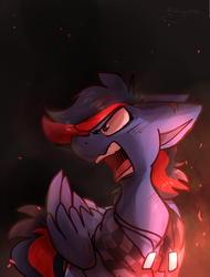 Size: 1024x1349 | Tagged: safe, artist:crownedspade, oc, oc only, oc:dj scratchjack, pegasus, pony, dog tags, fire, male, solo, stallion