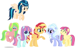 Size: 1303x836 | Tagged: safe, artist:sarahgdo, indigo zap, lemon zest, sour sweet, sugarcoat, sunny flare, sunset shimmer, earth pony, pegasus, pony, unicorn, g4, equestria girls ponified, eyes closed, female, mare, ponified, shadow five