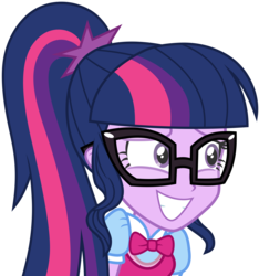 Size: 3000x3202 | Tagged: safe, artist:uponia, sci-twi, twilight sparkle, equestria girls, equestria girls specials, g4, my little pony equestria girls: dance magic, adorkable, arms, blouse, breasts, bust, clothes, collar, cute, dork, female, glasses, grin, happy, high res, long hair, meganekko, ponytail, puffy sleeves, sheepish, sheepish grin, simple background, sleeveless, smiling, solo, teenager, teeth, transparent background, twiabetes, vector, vest