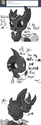 Size: 1584x4752 | Tagged: safe, artist:tjpones, oc, oc only, oc:changeling husband, oc:pistachio, changeling, horse wife, ask, broken english, changeling oc, clothes, comic, cute, cuteling, dialogue, grayscale, hug, jewelry, monochrome, necklace, pearl necklace, pretending, shirt, simple background, snugglo, suspiciously specific denial, t-shirt, tape, tumblr, white background, white changeling