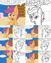 Size: 2560x3200 | Tagged: safe, artist:jake heritagu, scootaloo, oc, oc:sandy hooves, pony, ask pregnant scootaloo, g4, ask, bed, comic, dresser, female, filly, high res, kicking, offscreen character, pillow, pregnant, pregnant foal, pregnant scootaloo, teen pregnancy, tumblr