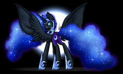 Size: 1450x878 | Tagged: safe, artist:inspiredpixels, nightmare moon, alicorn, pony, g4, butt, female, grin, looking back, plot, smiling, solo, spread wings, wings