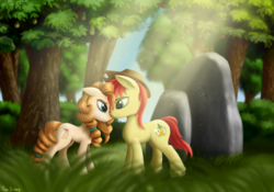 Size: 5000x3500 | Tagged: safe, artist:pony-stark, bright mac, pear butter, earth pony, pony, g4, the perfect pear, absurd resolution, eye reflection, female, floppy ears, grass, hat, looking at each other, male, mare, outdoors, reflection, rock, ship:brightbutter, shipping, signature, smiling, stallion, standing, straight, sunlight, tree