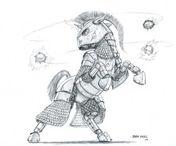 Size: 1400x1158 | Tagged: safe, artist:baron engel, oc, oc only, oc:stone, pony, unicorn, armor, grayscale, helmet, looking back, magic, male, monochrome, pencil drawing, rearing, simple background, sketch, solo, stallion, traditional art, white background
