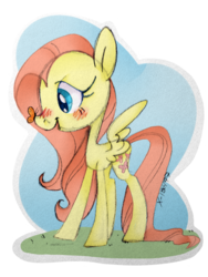 Size: 960x1280 | Tagged: safe, artist:psicommander, fluttershy, butterfly, pony, g4, female, insect on nose, looking at something, open mouth, profile, smiling, solo, spread wings, standing, sticker, traditional art, wings