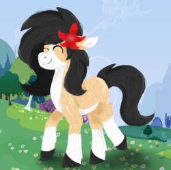 Size: 2240x2232 | Tagged: safe, artist:euspuche, oc, oc only, oc:liliya krasnyy, earth pony, pony, background pony, eyes closed, female, flower, flower in hair, happy, high res, mare, nature, outdoors, solo