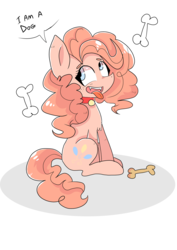 Size: 1280x1810 | Tagged: safe, artist:melissalulu, pinkie pie, earth pony, pony, g4, behaving like a dog, bone, collar, dialogue, female, pony pet, puppy pie, sitting, solo, tongue out