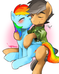 Size: 1280x1600 | Tagged: safe, artist:kogarasumaru24, quibble pants, rainbow dash, pony, g4, arms on shoulders, blushing, clothes, cute, dashabetes, eyes closed, female, kissing, love, male, ship:quibbledash, shipping, smiling, straight