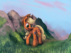 Size: 1825x1362 | Tagged: safe, artist:insanerobocat, applejack, rainbow dash, earth pony, pegasus, pony, g4, female, flying, forest, giant pony, macro, mare, mountain, never doubt ncmares's involvement, open mouth, scenery, size difference, smoldash