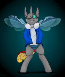 Size: 1755x2065 | Tagged: safe, artist:marsminer, oc, oc only, oc:cloudburst, changeling, semi-anthro, bipedal, changeling oc, clothes, cosplay, costume, sans (undertale), solo, undertale