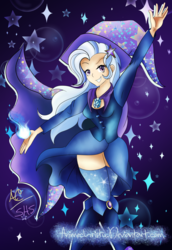 Size: 1024x1489 | Tagged: safe, artist:animechristy, trixie, human, g4, anime, anime eyes, boots, cape, clothes, corset, female, hair ornament, hat, humanized, shoes, socks, solo, thigh highs, trixie's cape, trixie's hat