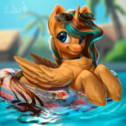 Size: 1280x1280 | Tagged: safe, artist:lulemt, oc, oc only, alicorn, pony, alicorn oc, chest fluff, commission, female, floaty, glasses, inner tube, jewelry, mare, necklace, palm tree, pool toy, smiling, solo, sunglasses, swimming pool, tree, unshorn fetlocks, ych result