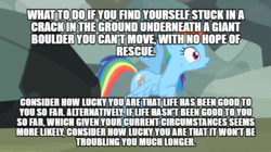 Size: 600x337 | Tagged: safe, edit, edited screencap, screencap, rainbow dash, g4, may the best pet win, boulder, ghastly gorge, hitchhiker's guide to the galaxy, meme, open mouth, pinned, rock, text, wide eyes