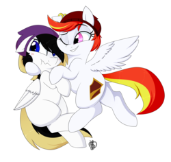 Size: 1800x1700 | Tagged: safe, artist:notenoughapples, oc, oc only, oc:rory gigabyte, oc:sunny flare, pegasus, pony, beanie, cuddling, ear piercing, earring, female, hat, jewelry, mare, one eye closed, piercing, simple background, transparent background