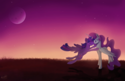 Size: 1024x663 | Tagged: safe, artist:allforyouart, princess celestia, twilight sparkle, alicorn, pony, g4, engagement ring, female, glomp, lesbian, marriage proposal, moon, pink-mane celestia, ship:twilestia, shipping, stars, twilight sparkle (alicorn)