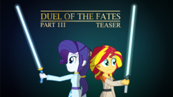 Size: 1280x720 | Tagged: safe, artist:amante56, rarity, sunset shimmer, equestria girls, g4, crossover, jedi, lightsaber, star wars, weapon