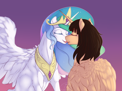 Size: 3311x2480 | Tagged: safe, artist:immaturegirl, princess celestia, oc, oc:spring beauty, alicorn, pony, g4, alicorn oc, canon x oc, female, high res, kissing, lesbian, shipping