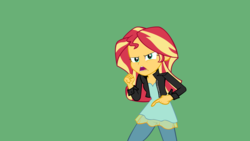 Size: 2560x1440 | Tagged: safe, artist:ngrycritic, sunset shimmer, equestria girls, g4, clothes, female, green background, green screen, jacket, just do it, leather jacket, looking at you, meme, motivational speech, open mouth, shia labeouf, simple background, solo, vector