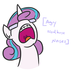 Size: 523x503 | Tagged: safe, artist:jargon scott, princess flurry heart, alicorn, pony, g4, angry, angry horse noises, braces, bust, descriptive noise, female, glasses, horse noises, mare, nerd, nerdy heart, older, open mouth, portrait, screaming, simple background, solo, white background