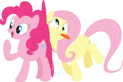 Size: 3571x2371 | Tagged: safe, artist:porygon2z, fluttershy, pinkie pie, pony, dragonshy, g4, cartoon physics, high res, simple background, tongue out, transparent background, vector