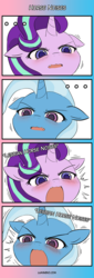 Size: 400x1180 | Tagged: safe, artist:lumineko, starlight glimmer, trixie, pony, unicorn, g4, 4 panel comic, 4koma, adorkable, angry dog noises, blushing, comic, cute, descriptive noise, diatrixes, dork, exploitable meme, female, glimmerbetes, horse noises, lesbian, looking at you, meme, ohayou face, open mouth, parody, ship:startrix, shipping