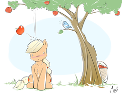 Size: 3000x2321 | Tagged: safe, artist:sea-maas, applejack, bird, earth pony, pony, g4, apple, apple tree, female, food, hatless, high res, mare, missing accessory, simple background, sitting, solo, tree