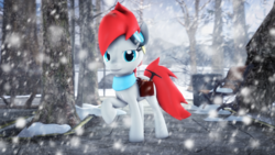 Size: 2560x1440 | Tagged: safe, artist:redaceofspades, oc, oc only, pony, 3d, female, looking at you, mare, smiling, snow, snowfall, solo, source filmmaker, tree