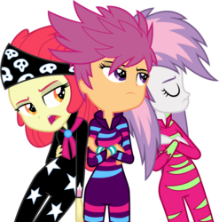 Size: 3001x3043 | Tagged: safe, artist:cloudy glow, apple bloom, scootaloo, sweetie belle, equestria girls, g4, my little pony equestria girls: rainbow rocks, bandana, bored, clothes, cutie mark crusaders, eyes closed, female, high res, open mouth, show stopper outfits, simple background, transparent background, trio, trio female, vector