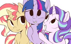 Size: 1538x960 | Tagged: safe, artist:k-nattoh, starlight glimmer, sunset shimmer, twilight sparkle, alicorn, pony, unicorn, equestria girls, g4, looking at you, magical trio, simple background, smiling, twilight sparkle (alicorn), white background