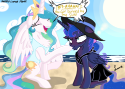 Size: 4823x3445 | Tagged: safe, artist:darkest-lunar-flower, princess celestia, princess luna, alicorn, pony, g4, beach, belly button, bikini, celestia is amused, chest fluff, clothes, concave belly, crown, female, folded wings, frown, glare, hat, hilarious in hindsight, imminent pain, jewelry, laughing, luna is not amused, mare, messy mane, ocean, one-piece swimsuit, open mouth, partially open wings, regalia, royal sisters, sarong, sitting, skirt, slender, sun hat, sunburn, swimsuit, thin, top, unamused, varying degrees of amusement, water, wings
