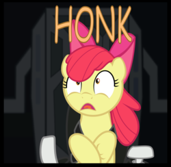 Size: 768x749 | Tagged: safe, artist:eagle1division, apple bloom, earth pony, pony, comic:applebloom's big haul, g4, animal noises, apple bloom's bow, bow, cockpit, crossed hooves, crossover, descriptive noise, elite dangerous, female, filly, g-force, great moments in vectoring, hair bow, honk, open mouth, seatbelt, shrunken pupils, solo, spaceship, wide eyes