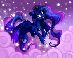 Size: 2500x2000 | Tagged: dead source, safe, artist:vird-gi, princess luna, alicorn, pony, g4, cloud, female, flying, high res, mare, open mouth, solo, stars